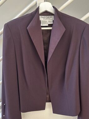 NEW Daymor Couture Plum Tuxedo Evening Jacket Blazer Satin Lapel Crystal Cuff 12